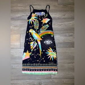 EUC Black BlueMan Rio Lifesty Bohemian Tropical Parrot Witchy Rainbow Midi Dress